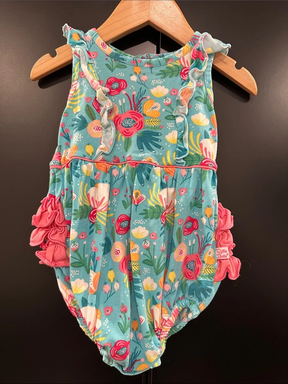 RuffleButts Baby Girls Floral Ruffle Bubble Romper Teal Pink 6-12M